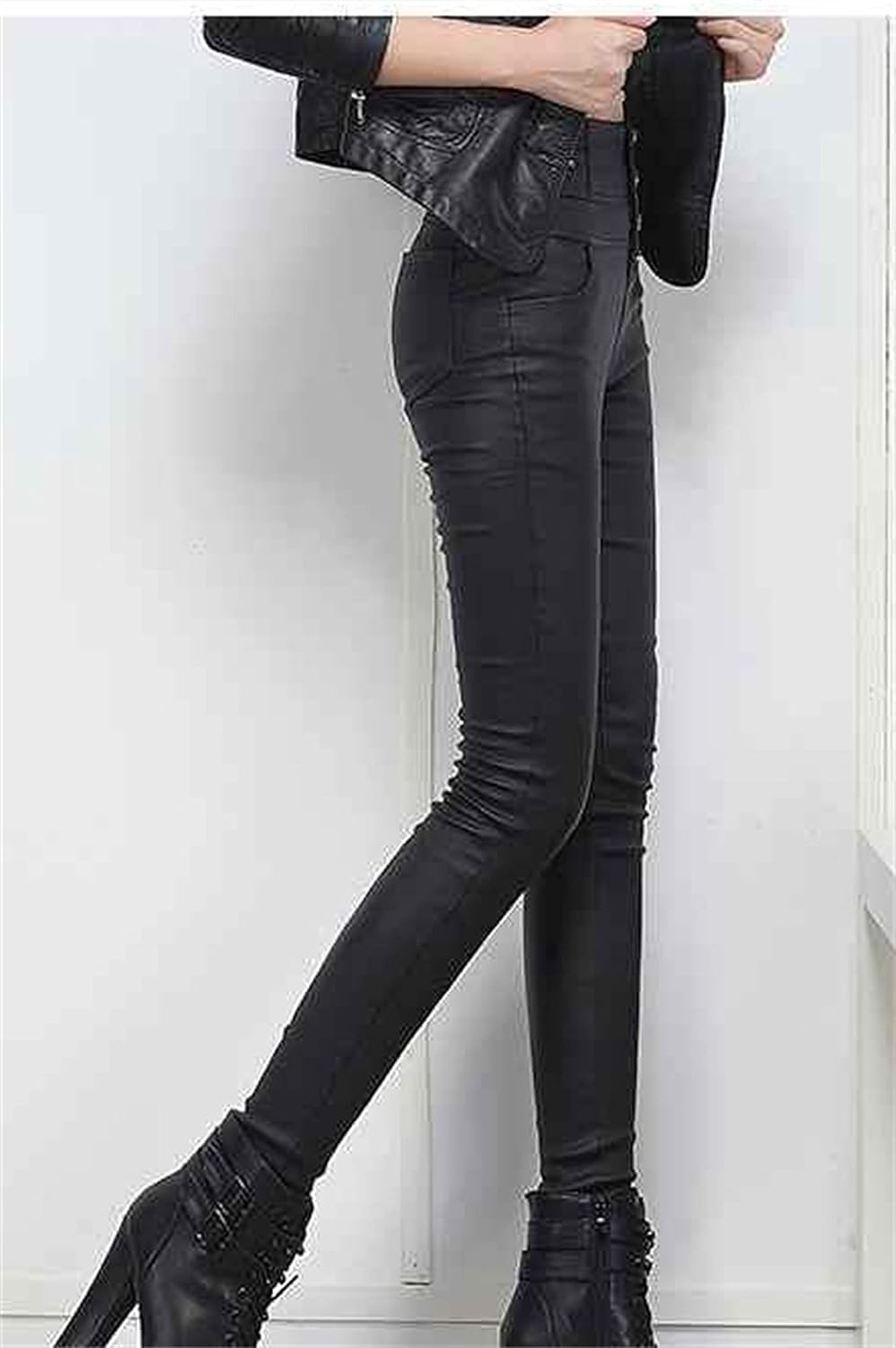 Damen Hohe Taille Skinny Slim Fit Dehnbar Kunstleder Look Leggings Yoga Denim Hose Verdickt, Black 2, M