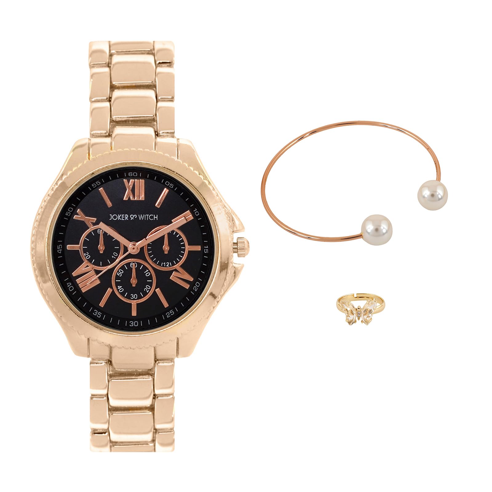 Joker & Witch Stainless Steel Motel Sunset Love Triangle Women Analogue Watch Gift Sets, Black Dial, Gold Band (B0CC4X9V6C) Amazon Price History, Amazon Price Tracker