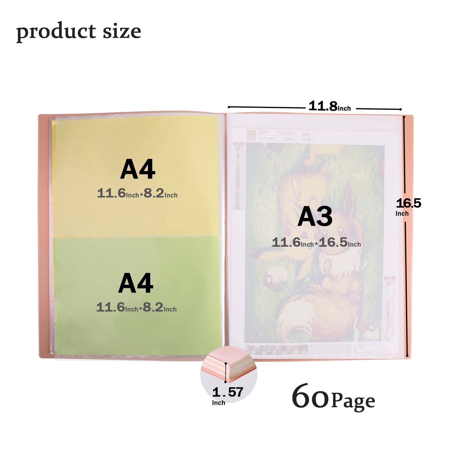 Qunrwe A3 Aufbewahrungsbuch für Diamantmalerei, Rosa, 60 Seiten, Kunst-Portfolios | 30 x 41,9 cm Taschenschutz mit Index-Aufklebern, transparentes Blatt, Präsentationsmappe für Kunstwerke, Berichte, Fotos