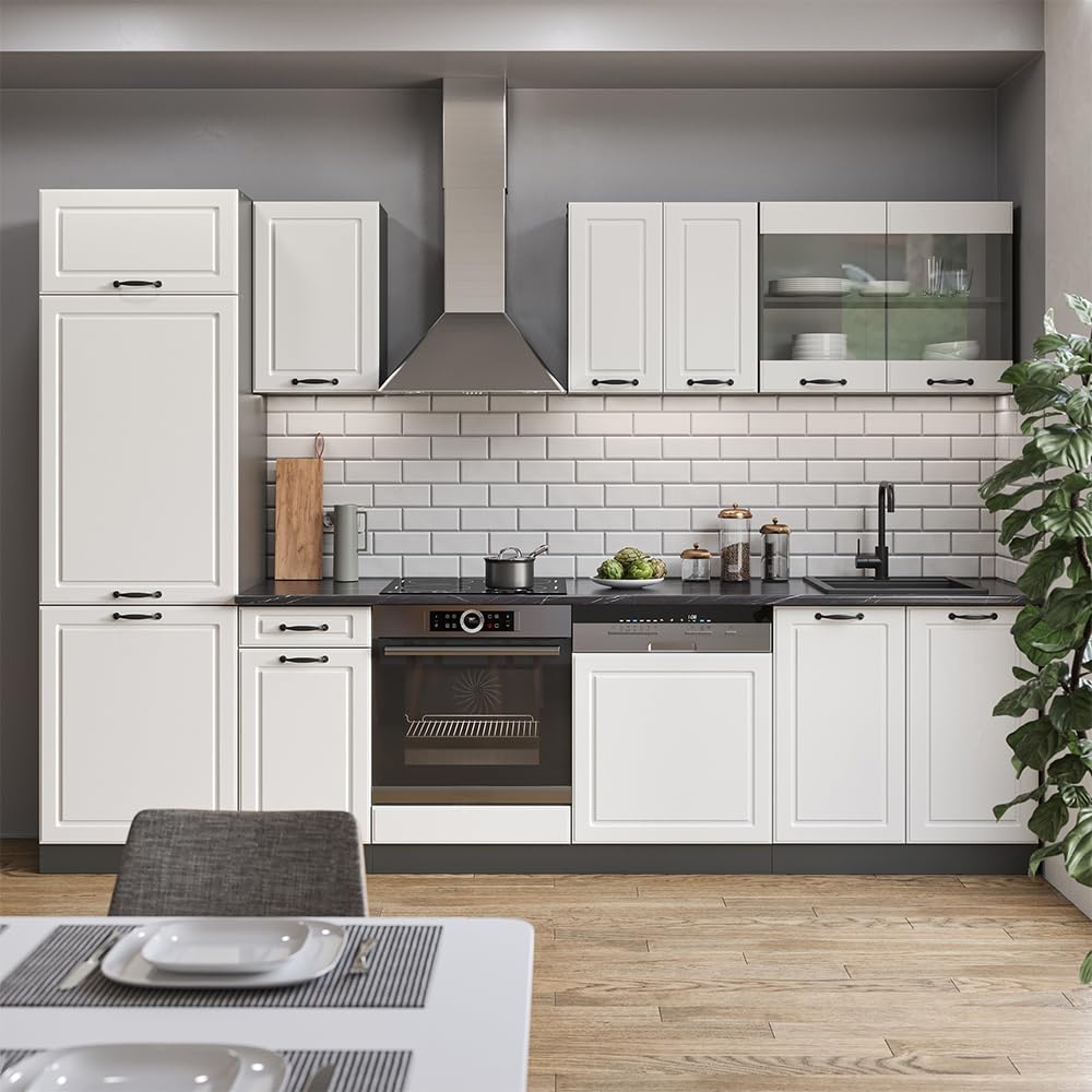 Vicco Küchenzeile R-Line, Weiß Landhaus/Anthrazit, 300 cm | AP Anthrazit, geeignet zur individuellen Erweiterung durch Zusatzmodule