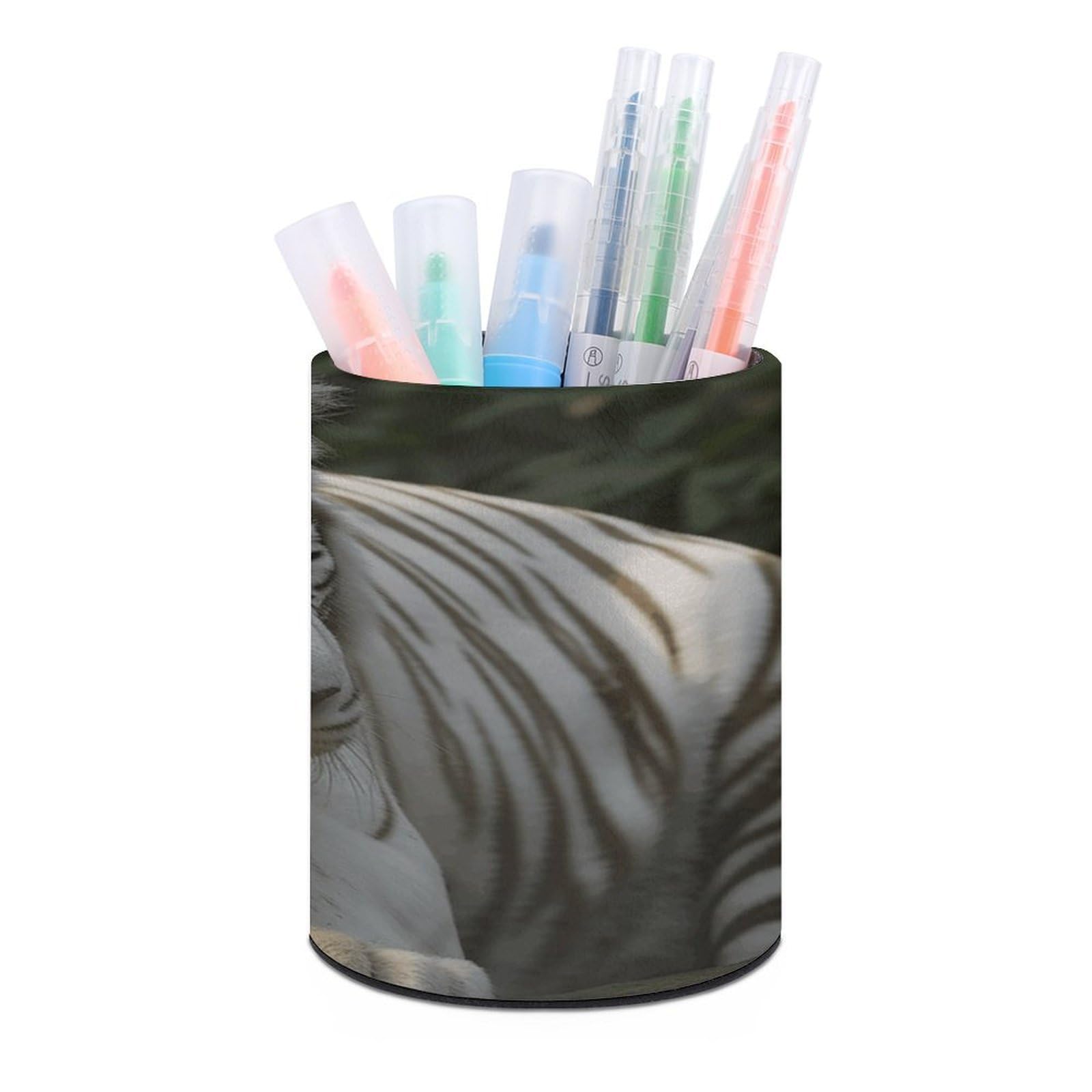 VstaDank White Bengal Tiger Pen Holder PU Leather Pencil Cup Minimalist Desk Pencil Holder Round Make Up Brush Organizers For Office Dorm Room&Vanity Desk Accessories