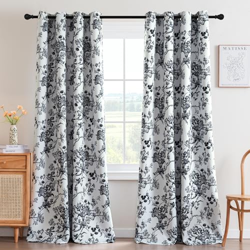 H.VERSAILTEX Blackout Curtains 84 Inch Length 2 Panels Set, Floral Print Drapes Farmhouse for Living Room, Grommet Room Darkening Curtains Vintage Boho Window Treatment(2 Panels, Black)