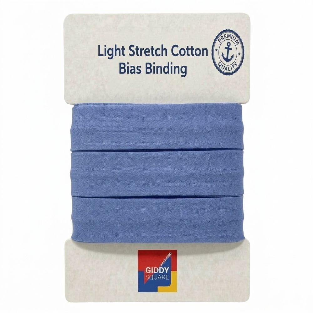 Premium Cornflower Blue Light Stretch Cotton Bias Binding Tape, 18mm Wide x 10m Length, Smooth Finish Mild Elastic Trim for Clothing, Sportswear, Quilting & Blankets - Giddy Square