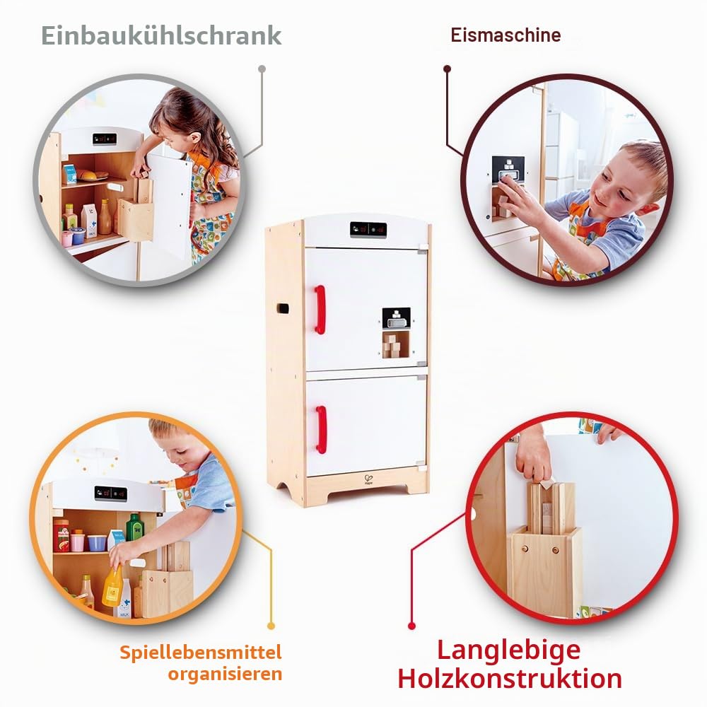 Hape E3153 - Weißer Kühlschrank mit Gefrierfach, Spielzeug-Kühlschrank mit vielen Funktionen, aus Holz, ab 3 Jahren, weiß