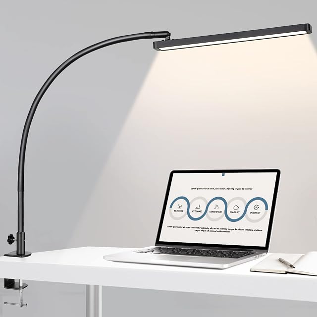 BIENSER LED Desk Lamp with Clamp, Eye Caring Reading Lamp with USB Adapter, 5 Color Modes, 10 Brightness, Long Flexible Gooseneck Daylight Light, Architect Task Lamp, Clip on Lamps for Home Office
