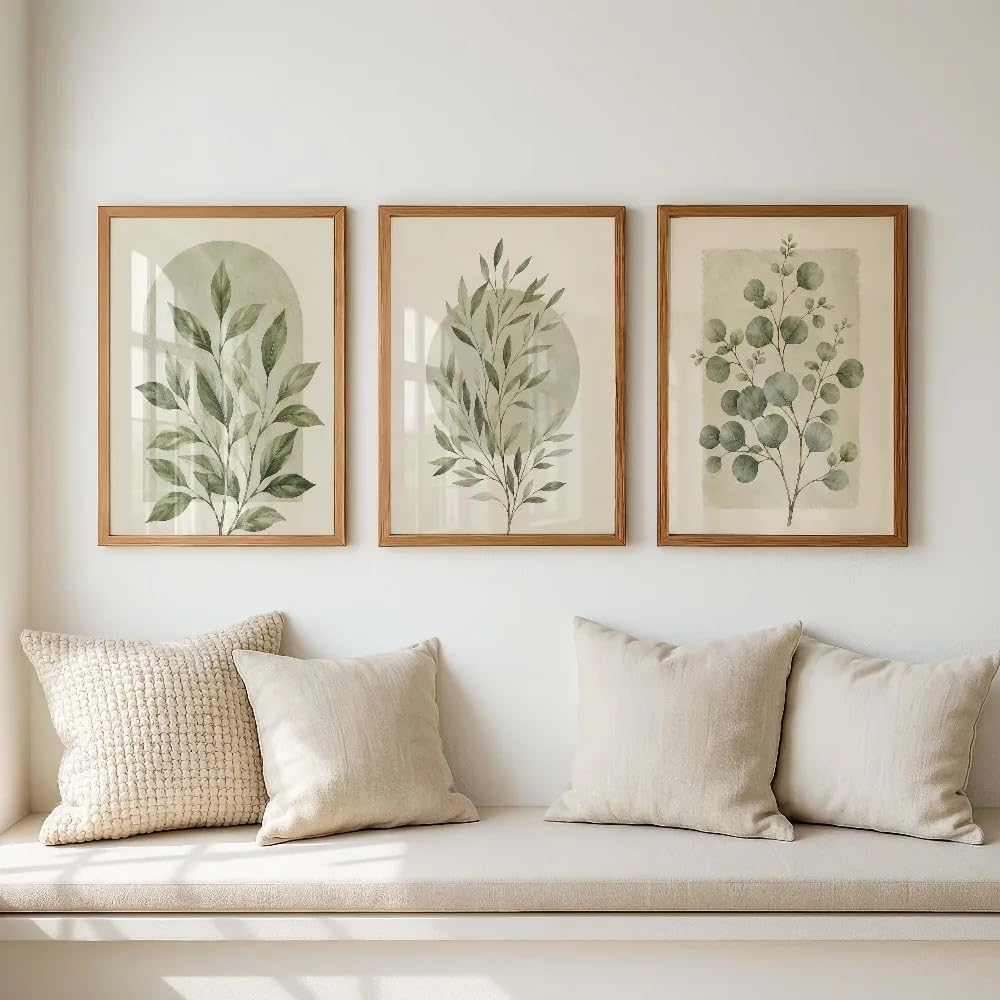 LTjiajuypd Quadro con pianta verde salvia, poster giapponese semplice con foglie neutre per soggiorno, decorazione per la casa (60x85 cm - 3 pezzi)