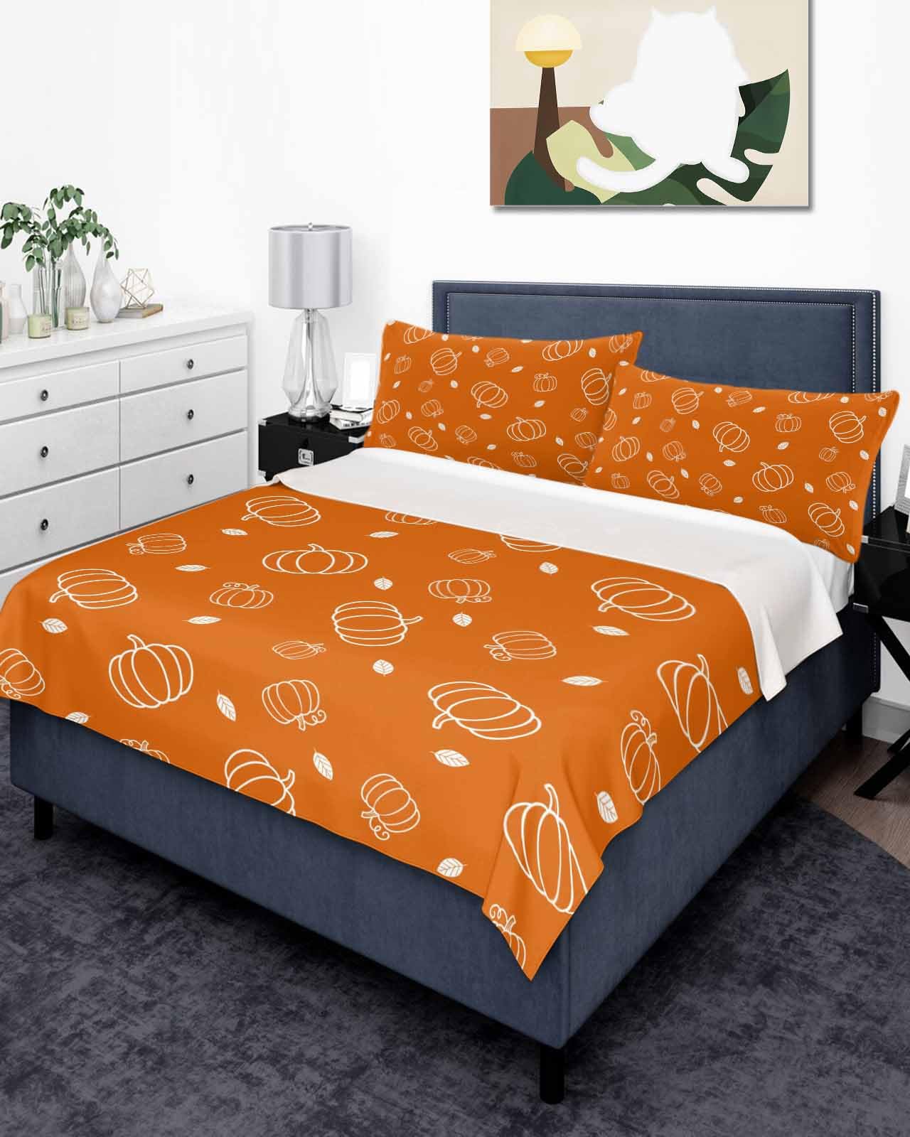 Queen Size Top Sheet Only, Thanksgiving Abstract Pumpkin Flat Sheet Microfiber Breathable Soft Bed Sheets, Autumn Fall Leaf on Orange Hotel Bedding Flat Sheets for Bedroom