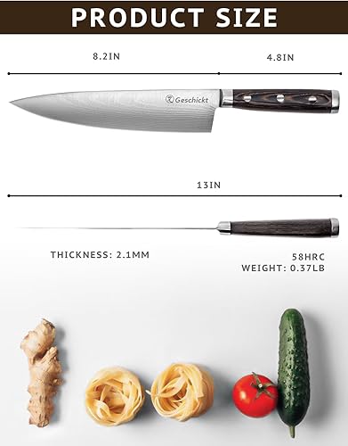 Miniatura 4 de Geschickt Cuchillo de chef, cuchillo de cocina delgado y ligero de 8 pulgadas, hoja de acero inoxidable de alto carbono, mango de madera de