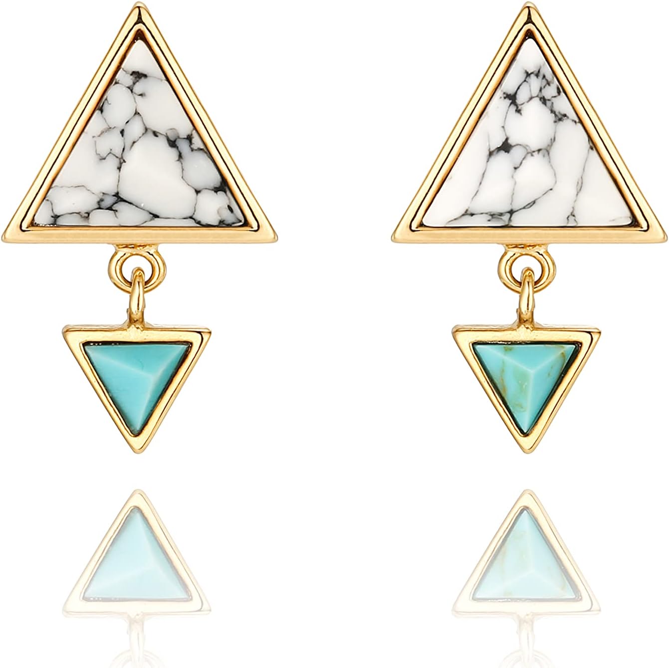White Simulated Howlite and Simulated Turquoise Double Triangle Minimal Dangle Stud Earrings
