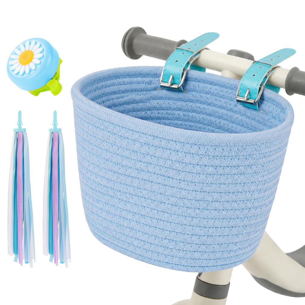 Adiwo Cotton Rope Woven Cycle Basket for Kids, Bicycle Basket For Girls Boys Childs, Kids Bike Basket Set with Streamers and Bell, Scooter Basket, with Leather Straps Easy Install Detachable, Blue
