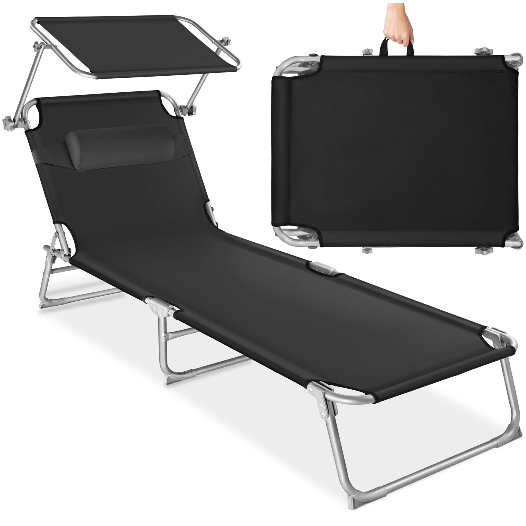 tectake® Folding Sun Lounger, 190 x 68 x 111 cm, Sunshade & 4-Position Backrest, Weather-Resistant & Breathable, Incl. Head Cushion & Carry Handle, Beach Chair for Garden, Pool, Camping - Black