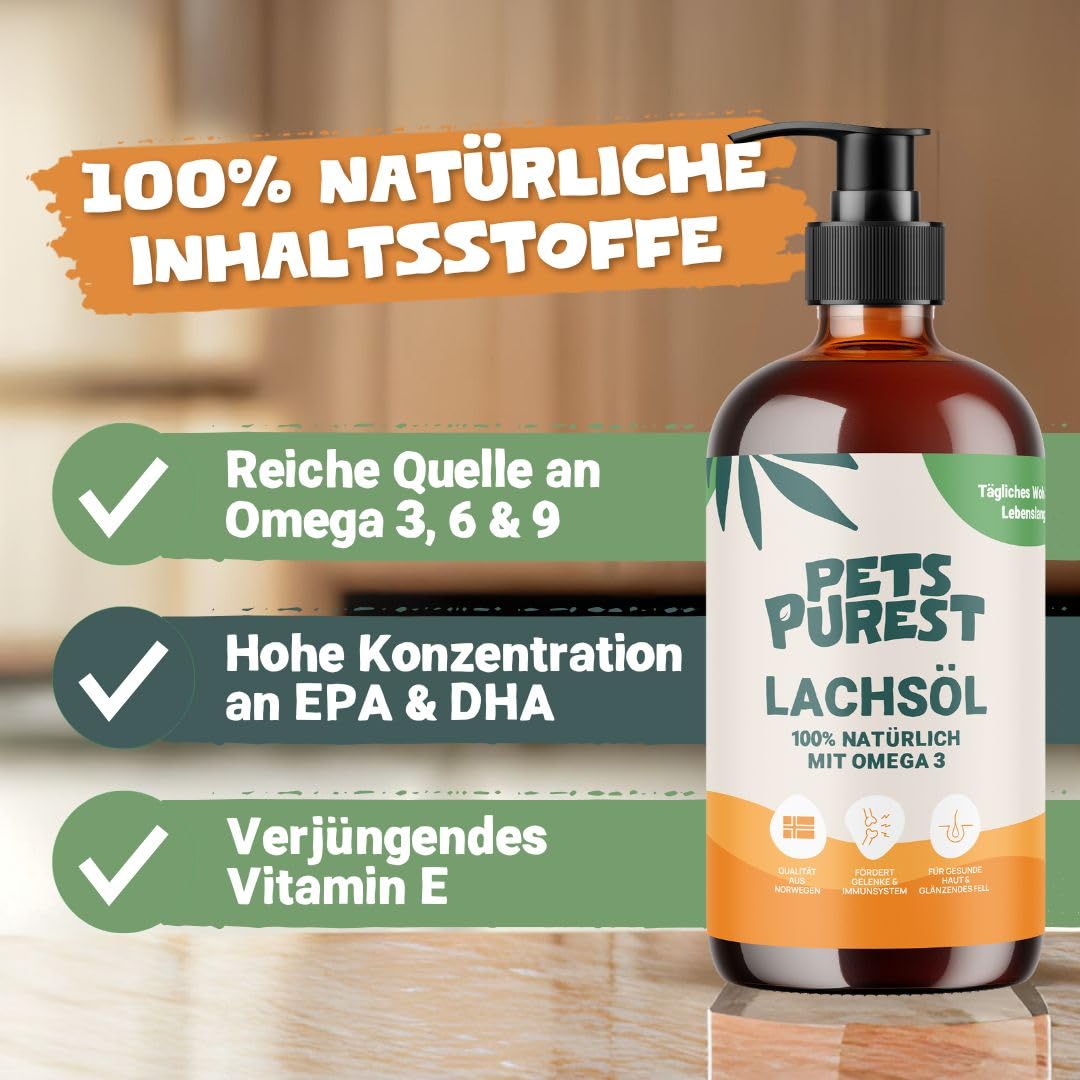 Pets Purest Lachsöl für Hunde & Katzen 1000ml – Reines Norwegisches Lachsöl mit Omega 3-6-9 & Vitamin E – Unterstützt Haut, Fell, Gelenke & Immunsystem – 100% Natürlich