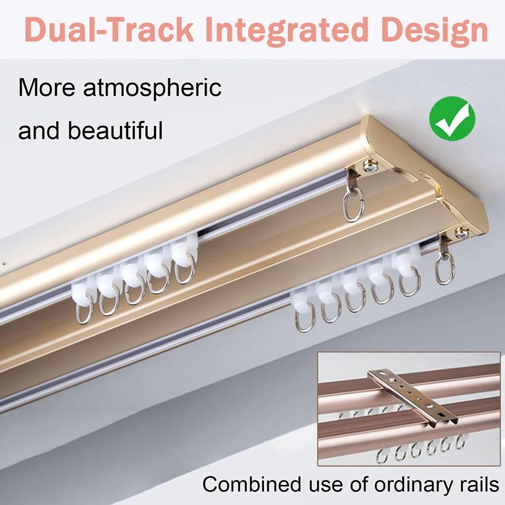Wysokiej jakości regulowany aluminiowy system szyn do zasłon 100–157 cm, podwójne drążki sufitowe, ciche szyny przesuwne do przegród pomieszczeń i okien wykuszowych, złote wykończenie, 2,5 m