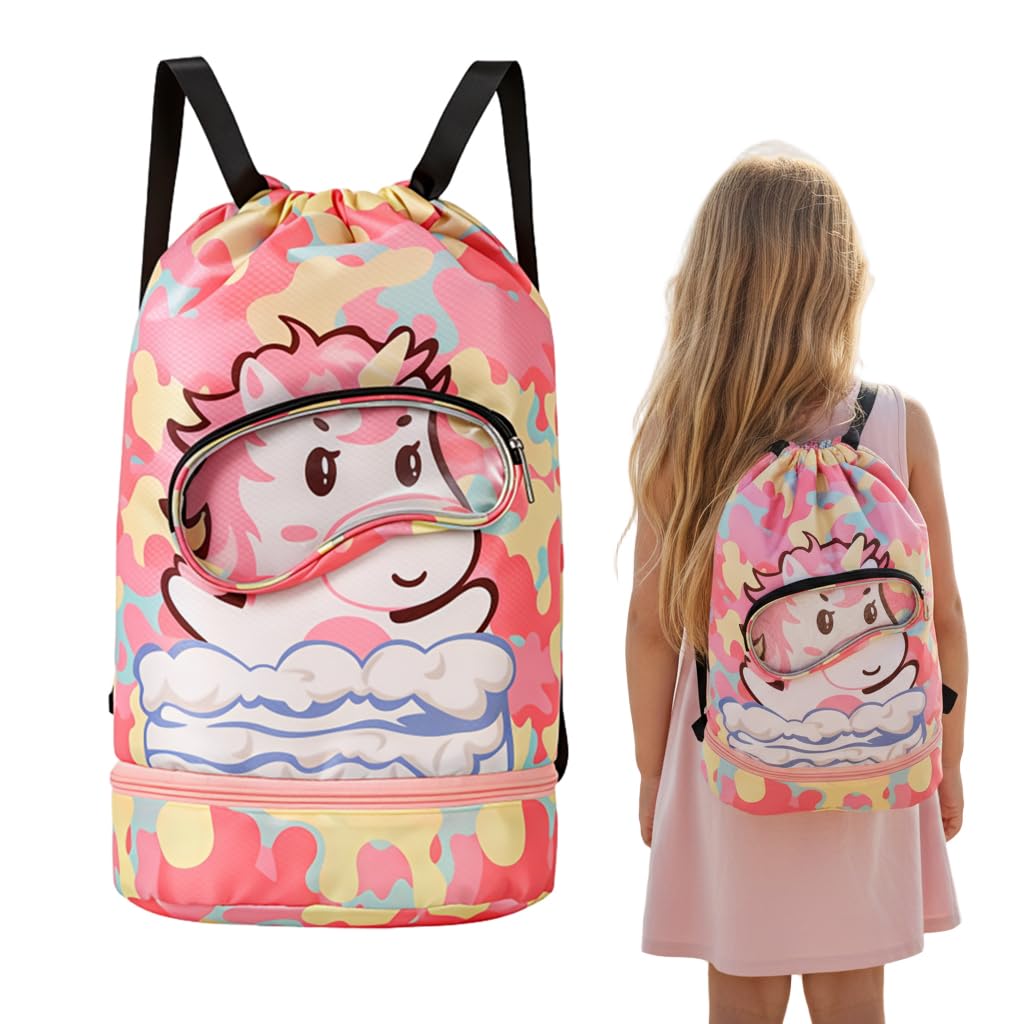 Proberos® Swim Bag for Kids, Waterproof Drawstring Backpack, with Shoe Compartment & Dry-Wet Separation Design Cartoon Print Drawstring Backpack Kids Travel Backpack Swimming Bag Activitiy Bag, Pink-image-18