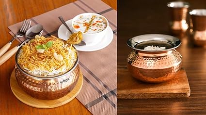 Alluring Homz Combo Pack Copper Steel Hammered Punjabi Handi/Biryani Pot Bowl, Dinnerware, Tableware, Cookware & Serveware for Home, Hotel & Restaurants (1600 ML) 2 Piece