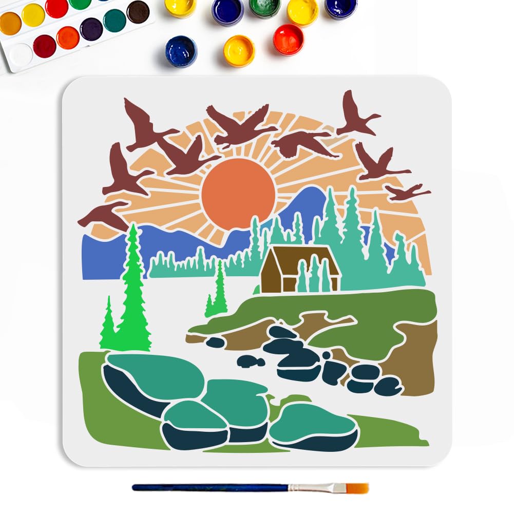 Forest Sunlight Landscape Stencils 11.8×11.8inch Large Nature Mountains River Stencil with Paint Brush Lake Stream Wild Goose Cabin Drawing Stencil for Gift Decor Wood Canvas Wall Furniture