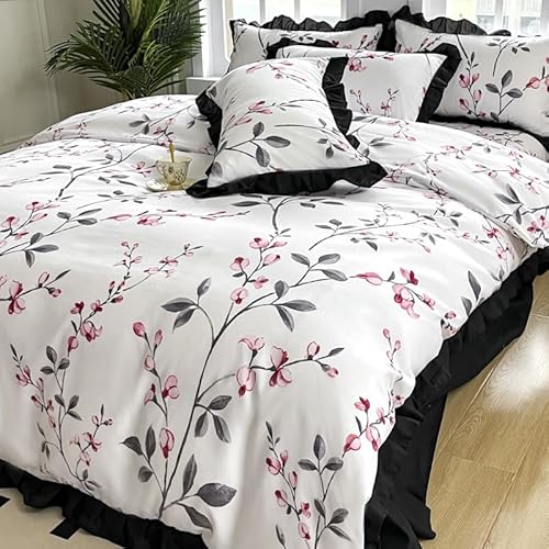 QSYEDR Floral Ruffled Duvet Cover Super King for Bedroom Decor,Pink Flowers French Rustic Style Frill Bedding Set,Soft Printed Microfibre Quilt Cover for Kids Adult Super King