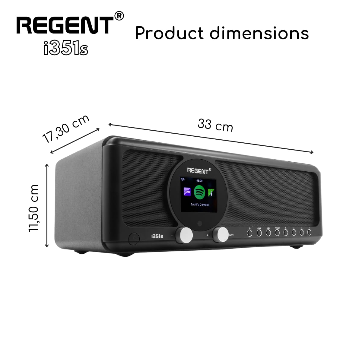 REGENT i351s Głośnik Spotify Connect DAB+ WI-FI Radio internetowe Hi-Fi Bluetooth FM 20, podwójny alarm, aplikacja do zdalnego sterowania, unikalny nadajnik Bluetooth Two Way BT (Czarny)