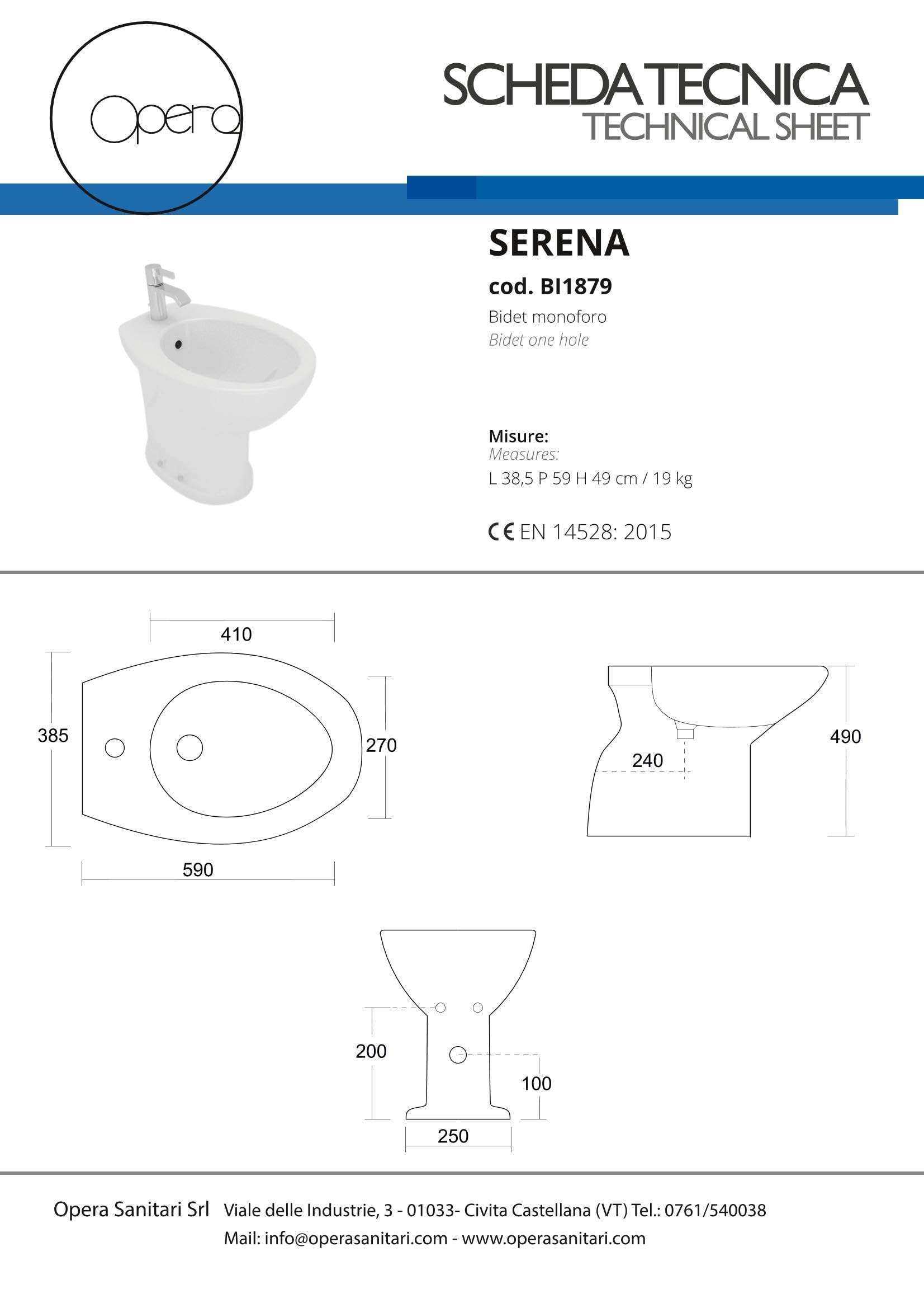 OPERA SANITARI Coppia Vaso e Bidet con scarico s/p terza età Serena
