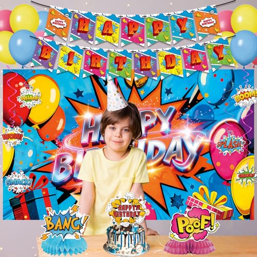 Image of Crenics Comic Theme Birthday Decorations - Colorful Happy Birthday Backdrop, Banner, Hanging Swirls, Honeycomb Centerpieces and Balloons for Hero Themed Party Supplies