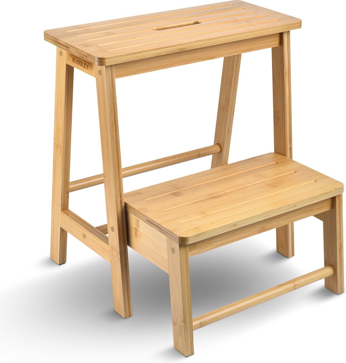 BUDDLEY® Bamboo Step Stool for Children – Ideal as a Kitchen Stool & as a Step Stool for Children – 2 Practical Steps – 100% Sustainable Materials (Cognac Brown)