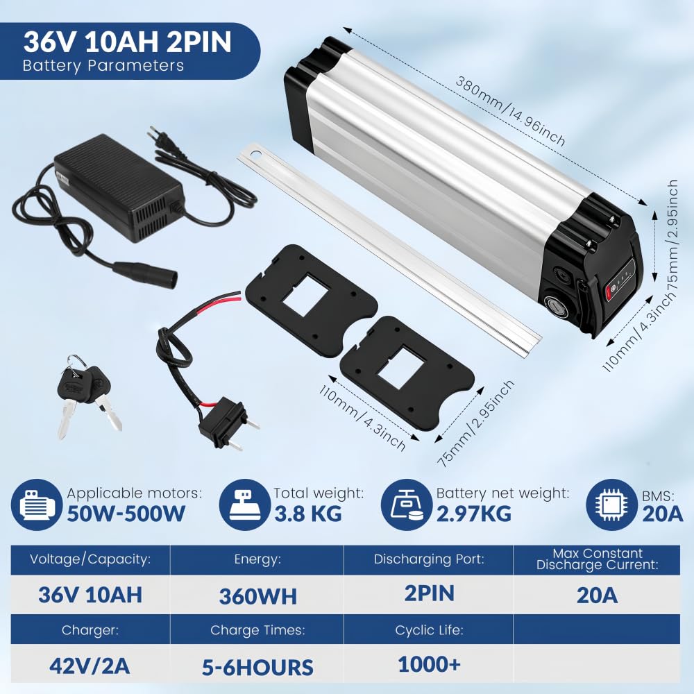 Batería Plateada De 36V Para Bicicleta Eléctrica, 10Ah, 12Ah, 13Ah, 10
