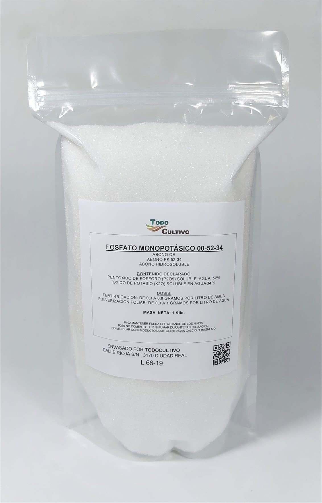 monopotásico 00-52-34 (MKP) KH₂PO₄ Hidrosoluble cristalino y foliar 1 Kilo monopotasio Utilizado para cuajado y la maduración de los Frutos de arboles y arbustos.