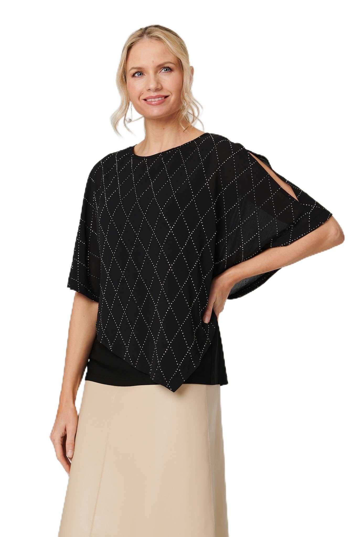 Izabel London Black Geo Print Cut-Out 1/2 Sleeve Blouse - 14