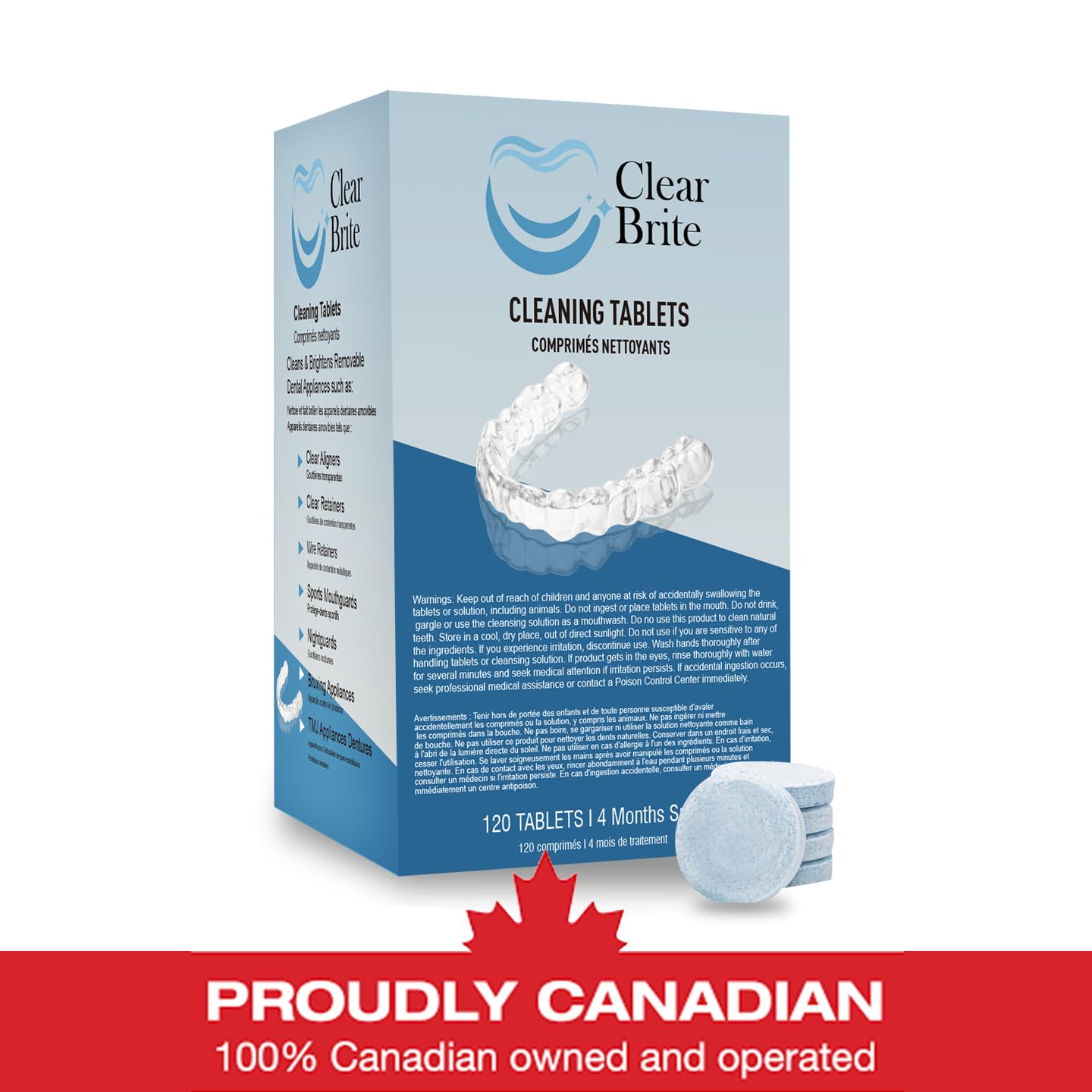 Proudly Canadian ClearBrite Naturals Retainer Cleaner Tablets, 120 Tablets (4 Month Supply), Extra Strength for Retainers, Aligners, Night Guards, Mouth Guards & Dentures - 3