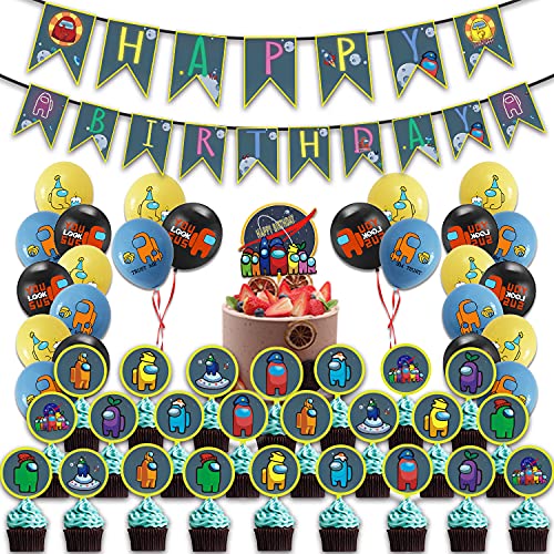 FONBALLOON PARTY Among Us Birthday Party Supplies, Included Birthday Banner, Balloons, Cake Toppers for Among Us Party Favors