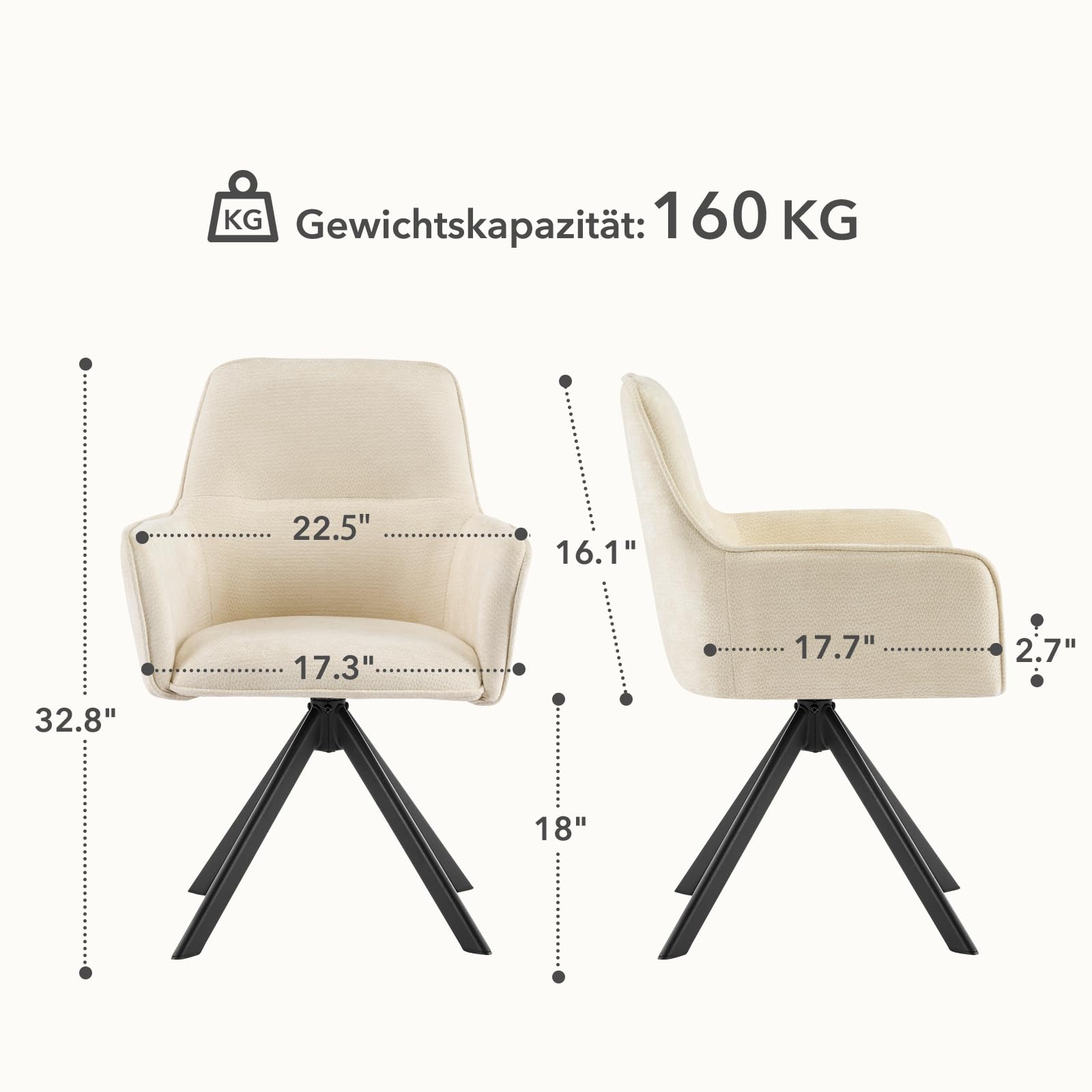Esszimmerstühle Drehbar mit Armlehne 2er Set, 360°Drehbar Polsterstuhl Küchenstuhl aus Chenille, Stühle Esszimmer Schminkstuhl mit Metallbeine für Esszimmer Küche Schlafzimmer, Beige
