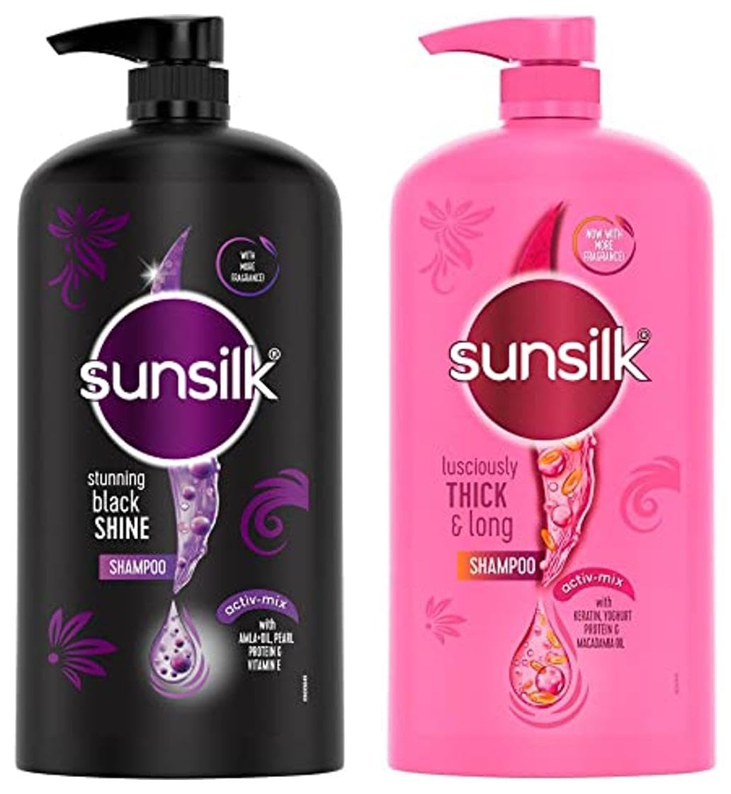 Stunning Black Shine Shampoo 1 L, With Amla + Oil & Pearl Protein, Gives Shiny, Moisturised and Fuller Hair - Paraben Free & Sunsilk Lusciously Thick & Long Shampoo 1 ltr