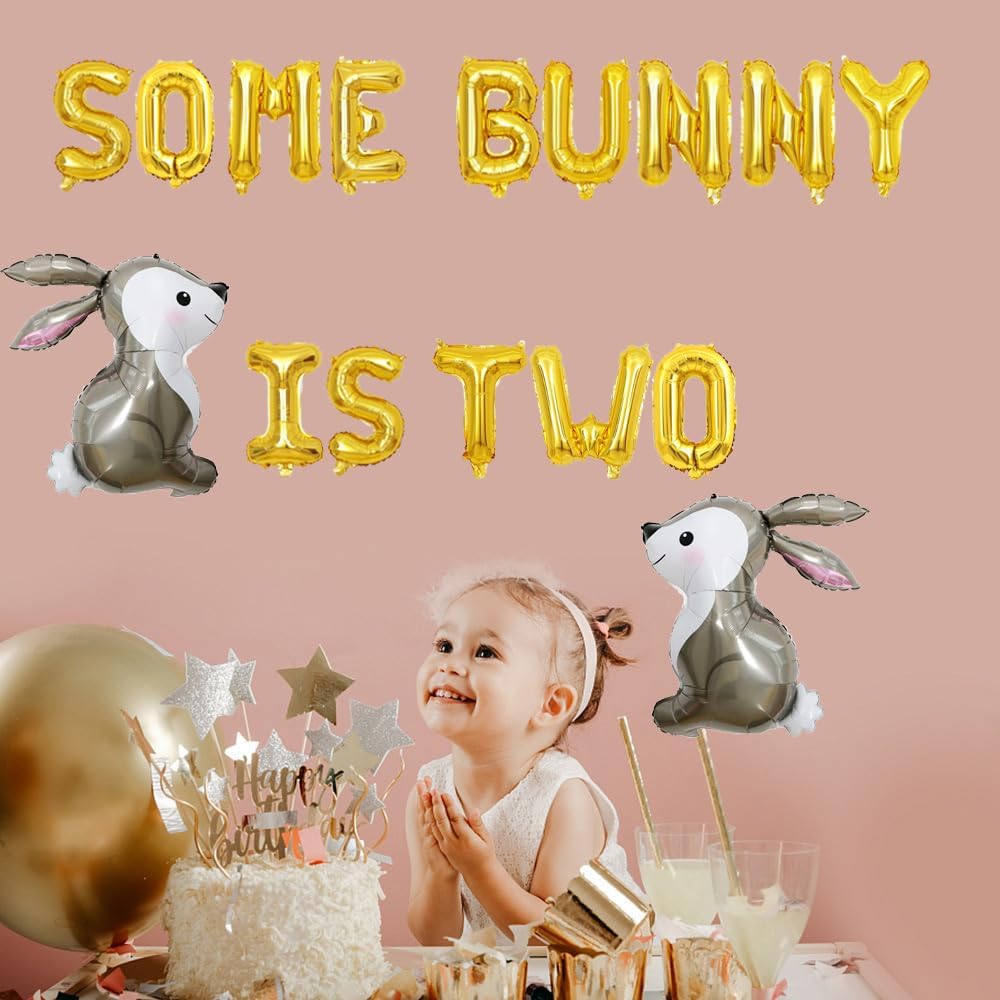 KUNGOON Some Bunny Is Two Letter Balloons, Funny Bunny 2nd Birthday/Easter Party Decoration, Rabbit 2 Count, Gold, White, Balloons, Children, Unisex-Kids
