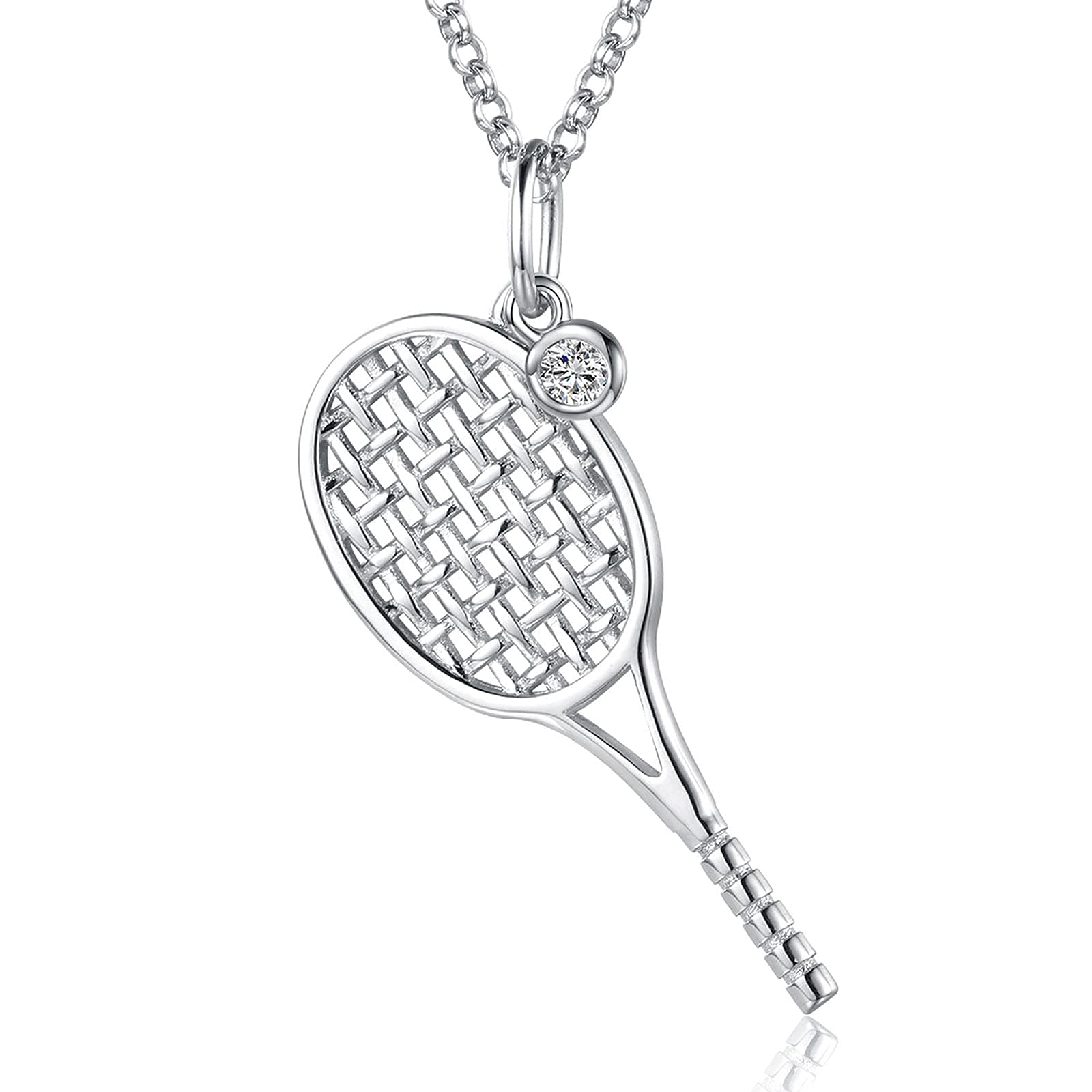 SaidaTennis Racket Necklace for Women - 925 Sterling Silver Tennis Ball Racquet Sport Themed Pendant Jewelry Gift for Tennis Players Lovers Coach, grey