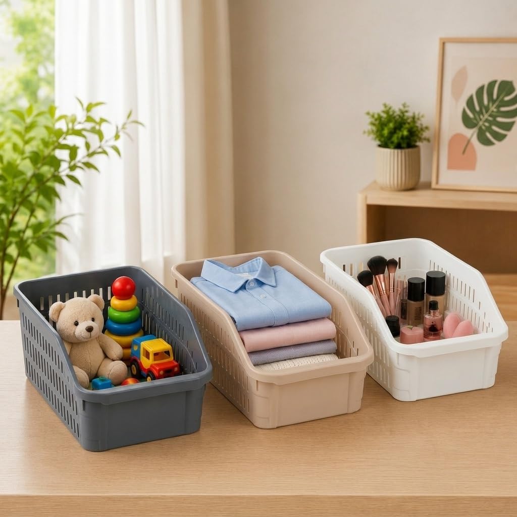 LUXJET Multipurpose Plastic Storage Basket for Kitchen, Bathroom, Office & Bedroom | Premium Plastic Organizer Bin | Ventilated Design | Easy to Clean | Durable Storage Basket | Multicolor | Pack of 3-image-24