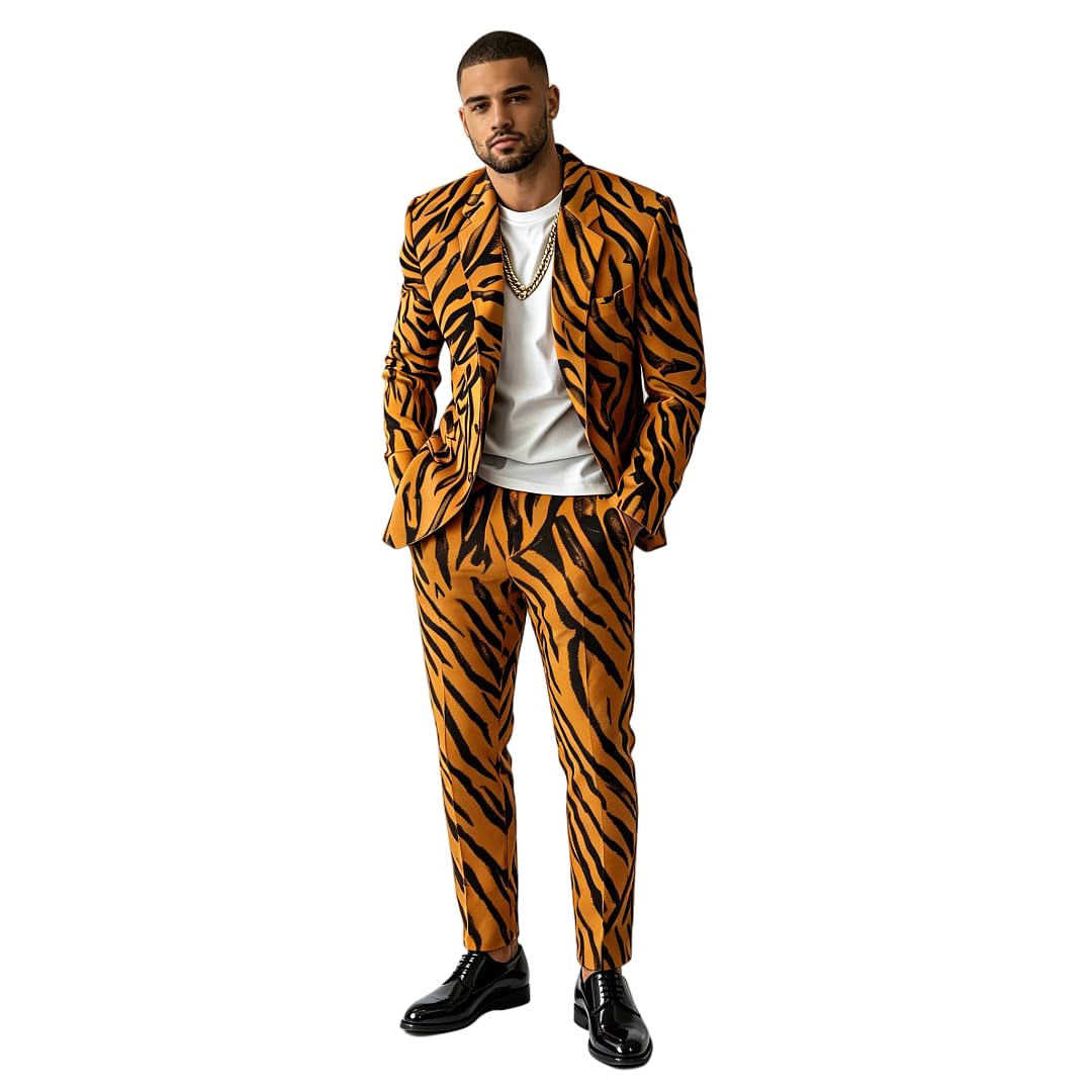 Da uomo 2 Pezzi Stampa Tigre Set Abito Arancione Nero Motivo Tigre Smoking