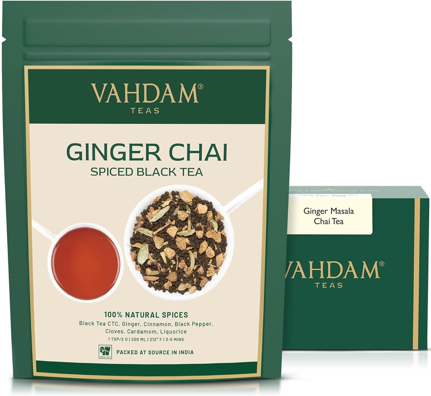 Ginger Masala Chai Tea (50 cups, 100 gm) Authentic Indian Ginger Tea | Spiced Chai Tea Loose Leaf | Brew Hot Tea, Iced Tea Or Chai Latte | Vacuum Sealed Pack