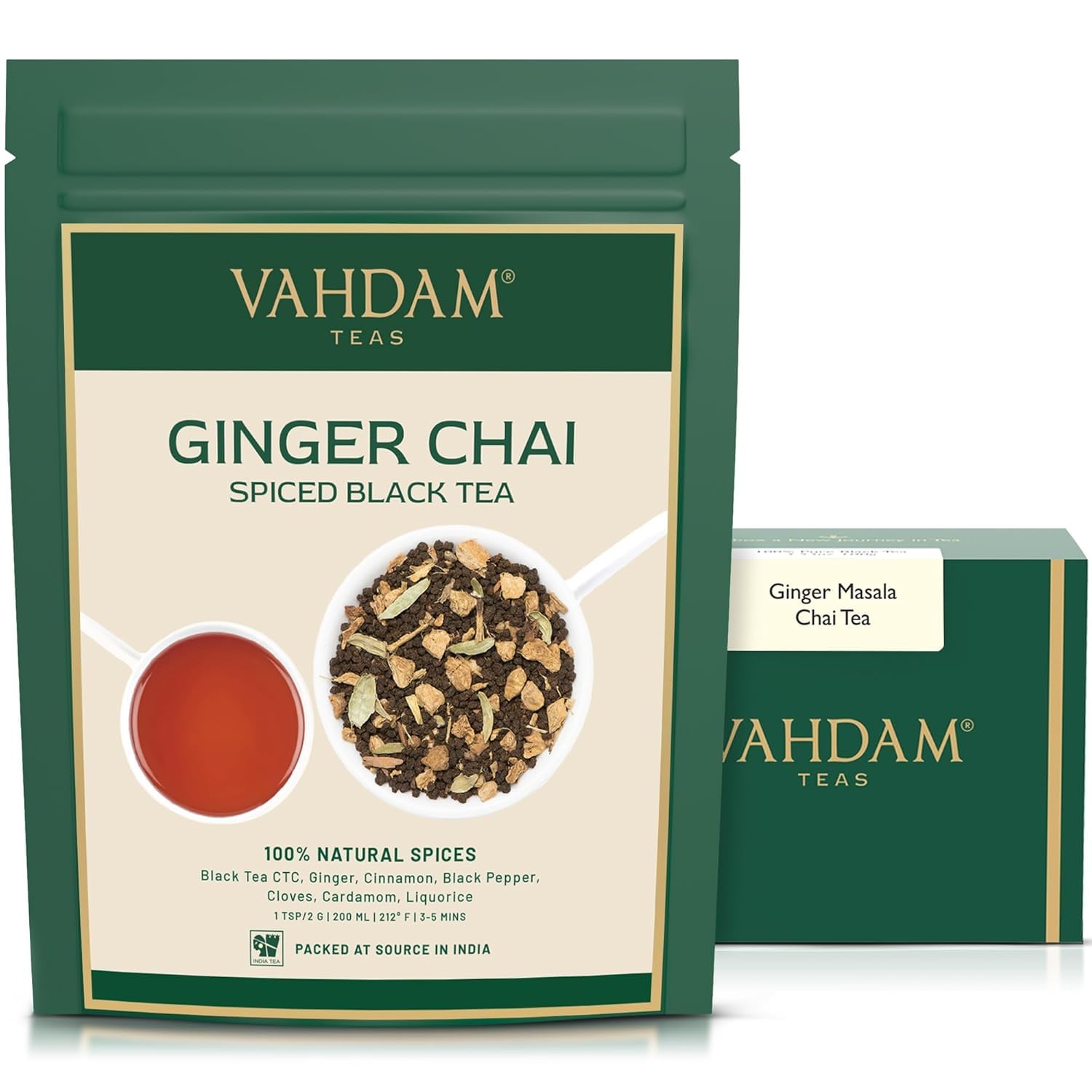 VAHDAMGinger Masala Chai Tea (50 cups, 100 gm) Authentic Indian Ginger Tea | Spiced Chai Tea Loose Leaf | Brew Hot Tea, Iced Tea Or Chai Latte | Vacuum Sealed Pack