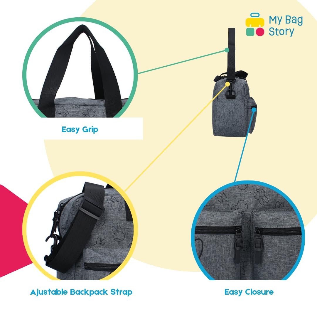 mybagstory - Wickeltasche mit großem Fassungsvermögen und Wickelunterlage, Motiv Miffy | Größe 40 cm und verstellbare Schultergurte.