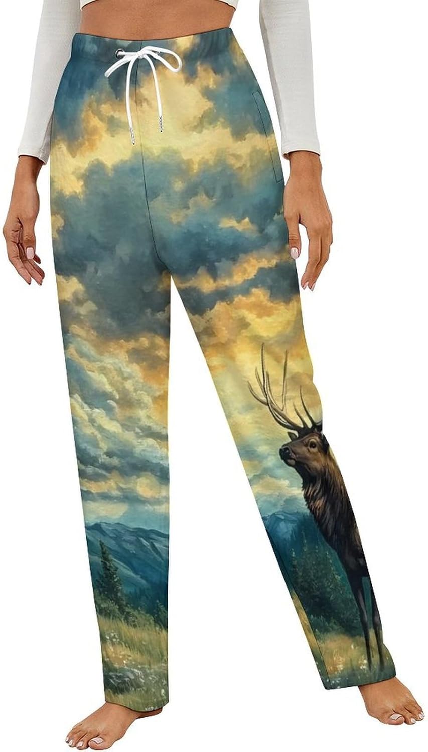 Deers Elks Dusk Clouds Forests Flannel Pajama Pants Women Soft Fleece Sleep Pj Lounge Bottoms