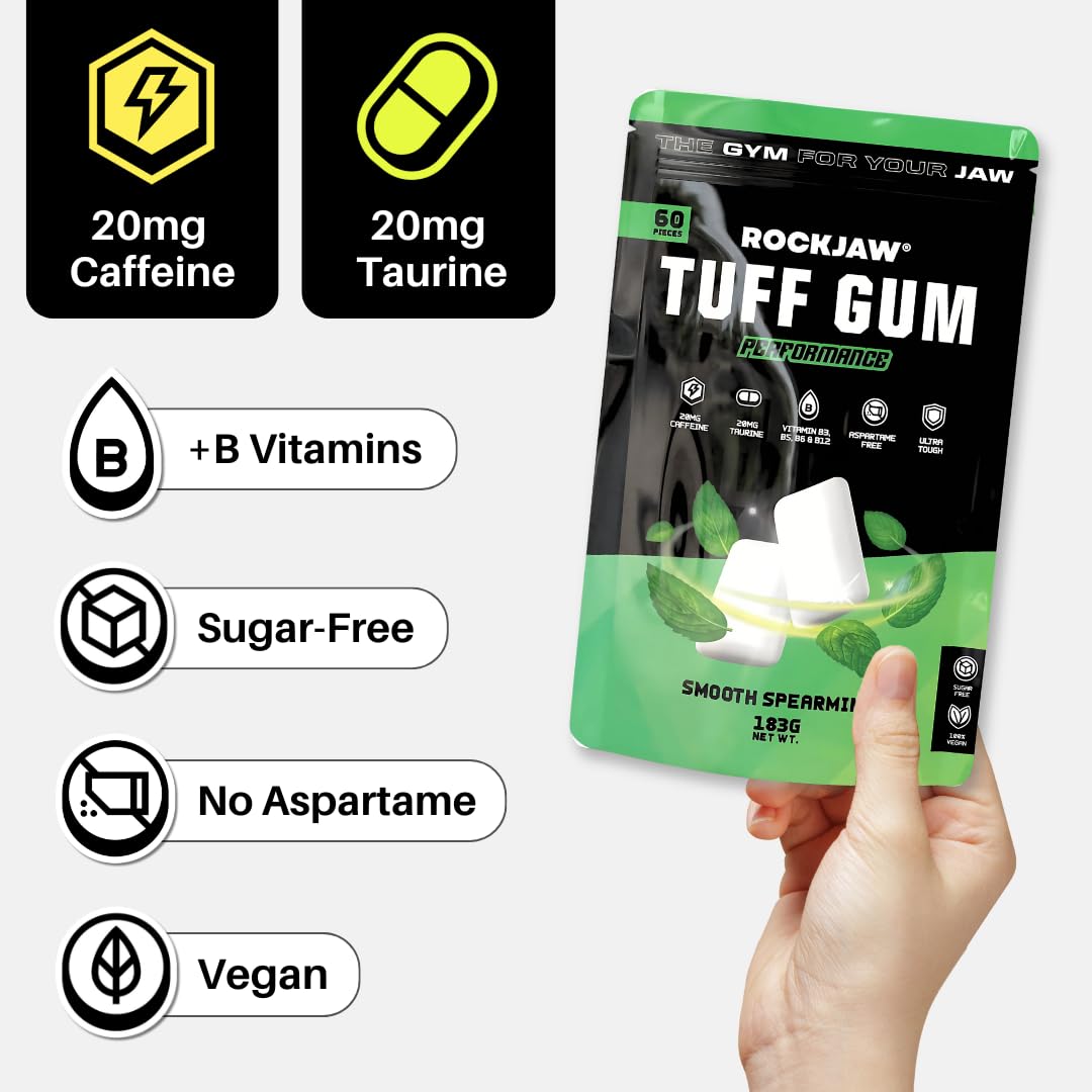 ROCKJAW® Tuff Gum Performance | Gomma da masticare per l'allenamento della mascella | 40mg di caffeina | 40mg di taurina | Vitamine del gruppo B | Senza aspartame, senza zucchero | 1350mg di xilitolo