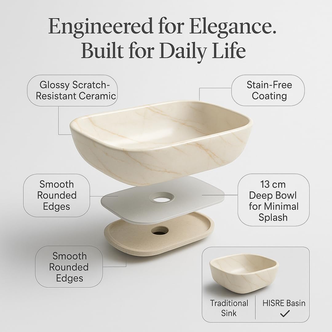 HISRE Table Top Wash Basin For Bathroom | Over Counter Top Wash Basin For Living Room | Washbasin Countertop | Tabletop Ceramic Bathroom Kitchen Sink (45 x 33 x 13 CM) (White - SKTP401) 3
