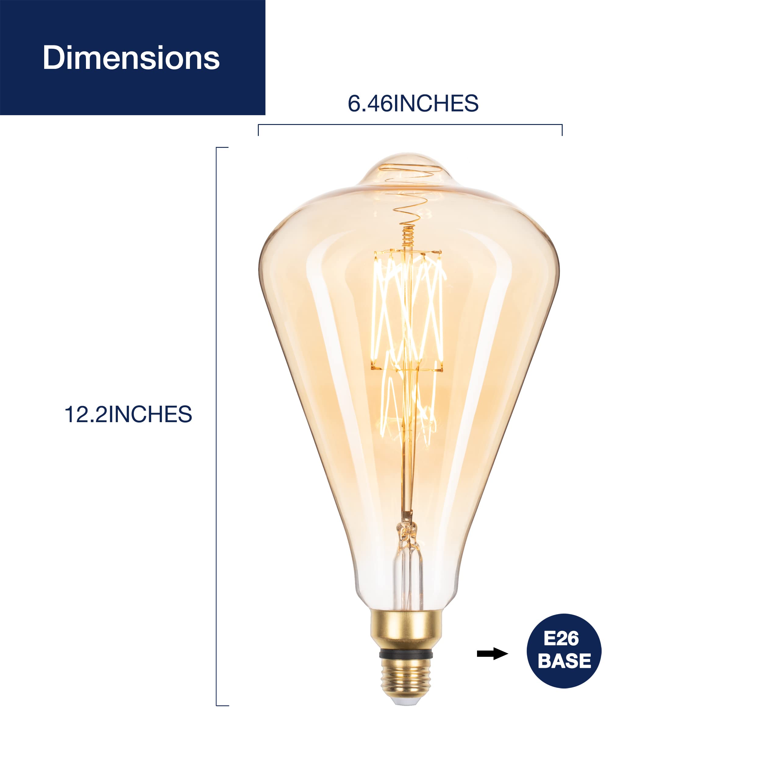 FLSNT Vintage Oversized LED Edison Bulbs 60W Equivalent, Decorative Dimmable LED M-Type Filaments Bulbs with Amber Glass, 2000K Warm White, E26 Base, 7W, 600LM, ST164