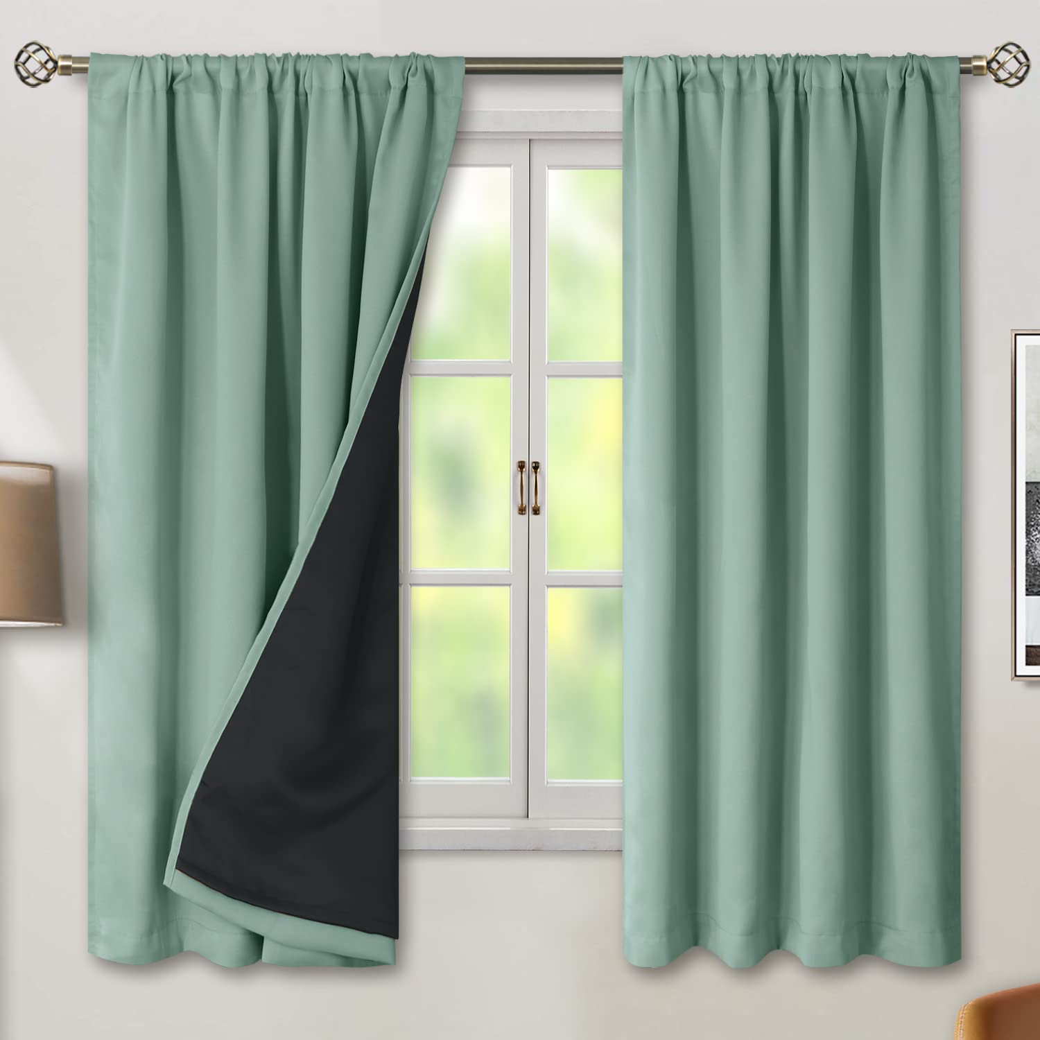 BGment 100% Blackout Curtains for Bedroom with Black Liner, Double Layer Full Room Darkening Noise Reducing and Thermal Insulated Rod Pocket Curtain (52 x 63 Inch, Frosty Green, 2 Panels) — image 1