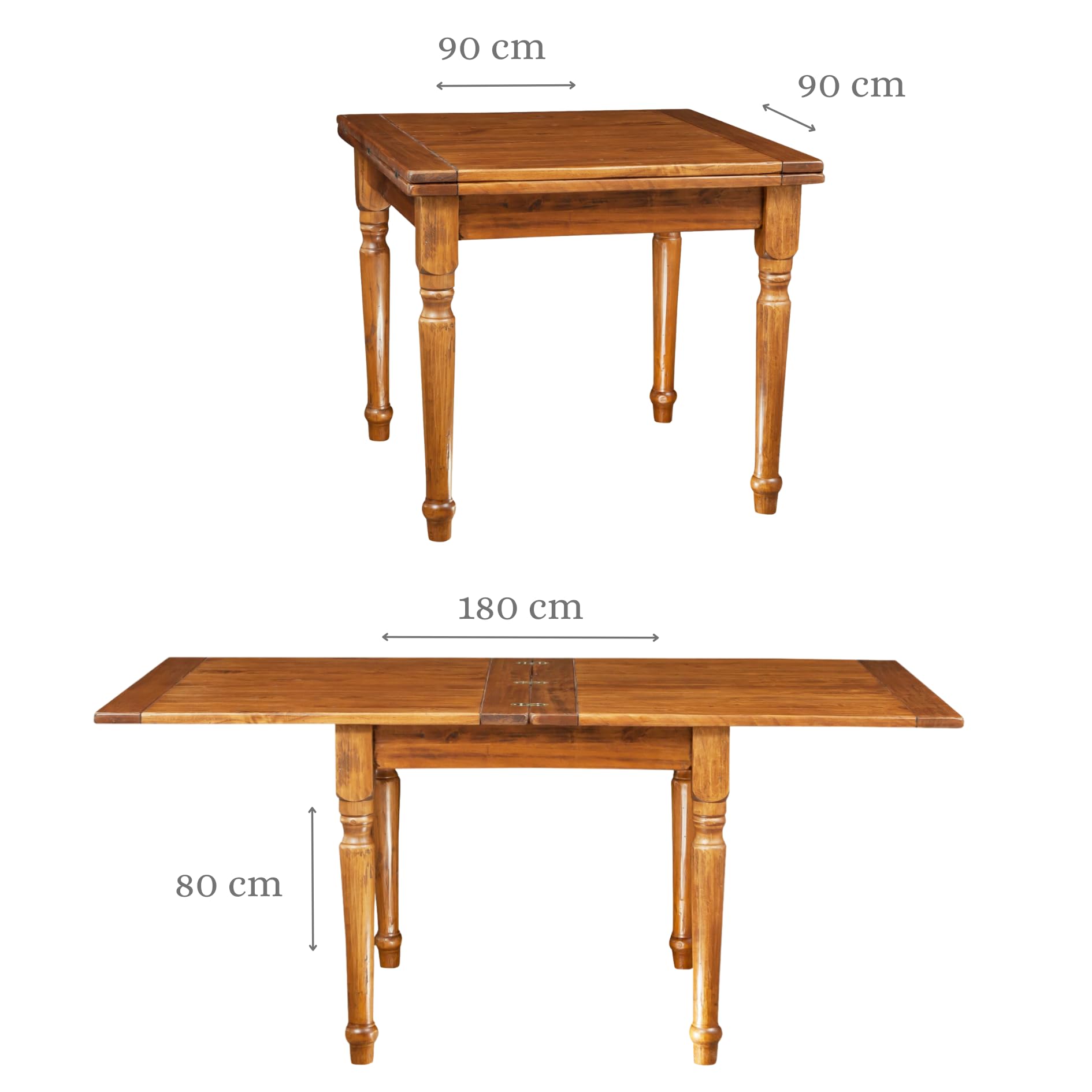 Biscottini Tavolo Allungabile a Libro In Legno Massello Di Tiglio - Stile Country – Stile Shabby - Struttura e piano Noce L 90 x PR 90 x H 80 cm