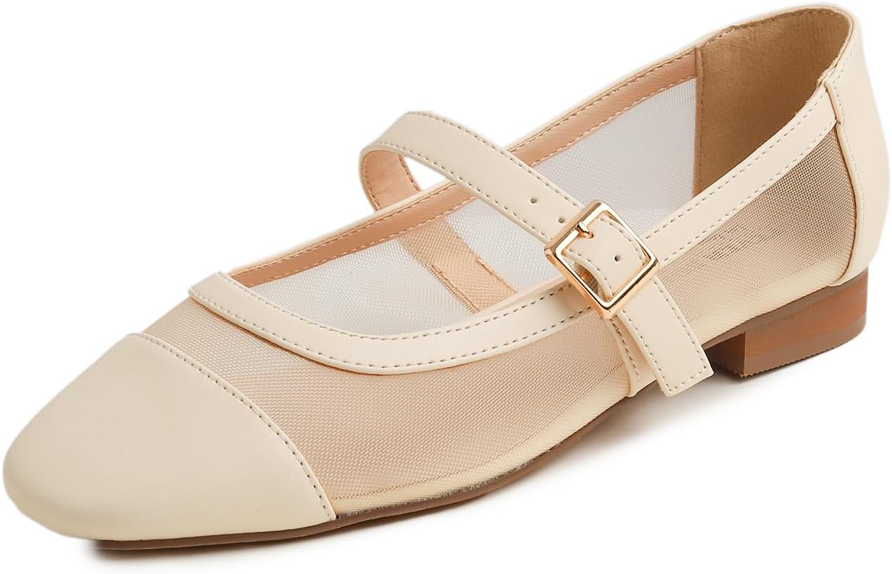 Sq Maryjane Beige Mesh Stack Heel