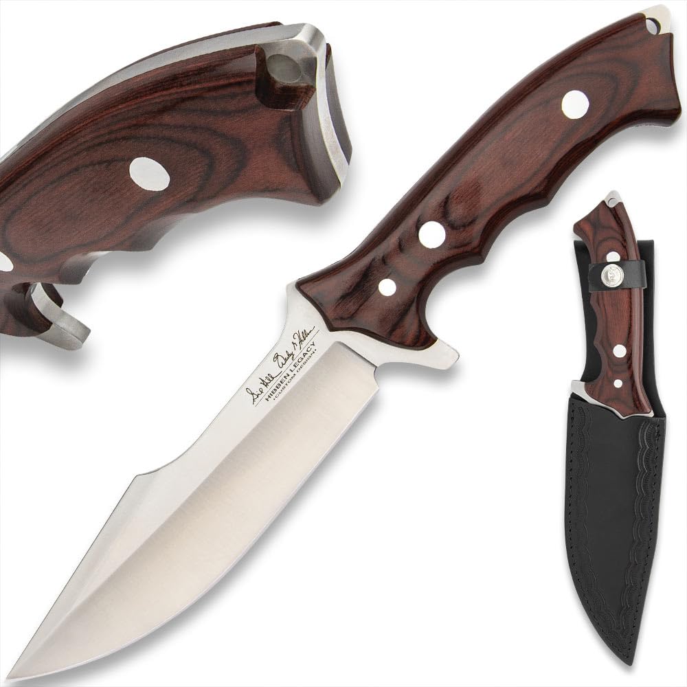 Gil Hibben Legacy Fighter IV with Leather Sheath | 5CR15MOV Stainless Steel Blade | Finger Grooved Pakkawood Handle Scales | For Outdoors and Everyday | Overall Length 12 1/8”