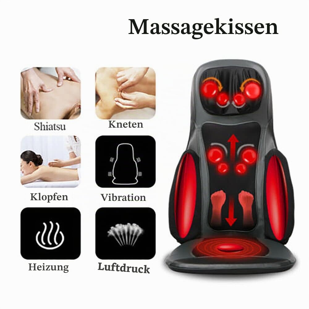 Shiatsu Massagematte Massagesitzauflage mit Knet-, Rollen-, Vibrations- und Wärmefunktion, Massagesessel mit DREI Massagezonen, Schwarz Einstellbar Massageauflage, Geschenke für Männer/Frauen