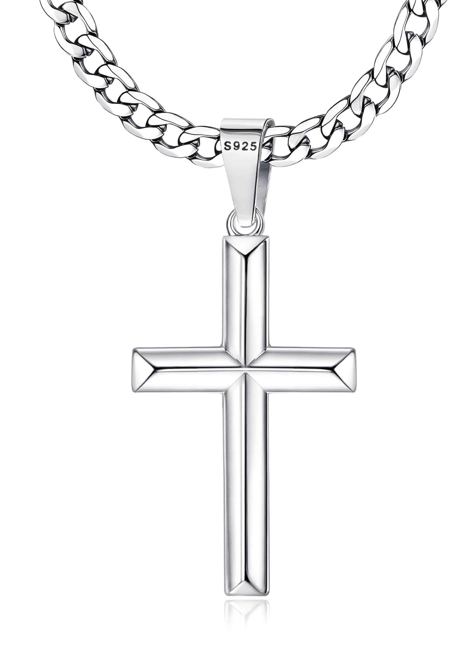 925 Sterling Silver Cross Necklace for Men with Stainless Steel Silver Cuban Chain Cross Pendant Necklace for Women Religious Gifts Jewellery 18" 20" 22" 24" 26" 30"