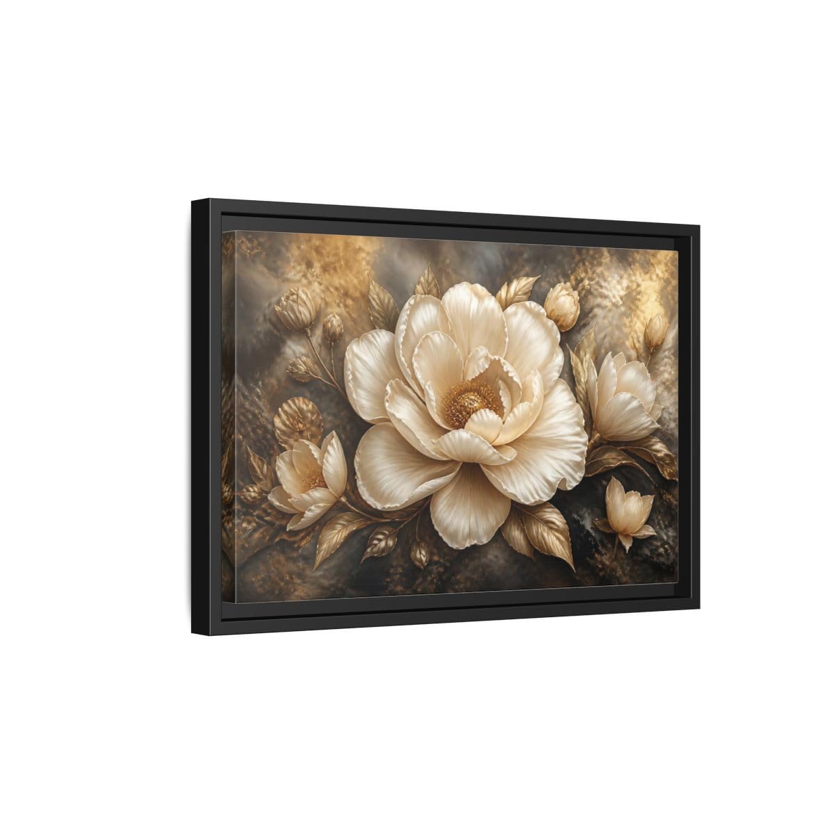 Cream Gold Floral Sculpture Framed Canvas Print – Living Room, Above Fireplace, & 18×12 inch (45×30 cm) - Horizontal/Black / 1.25 inch (3 cm)